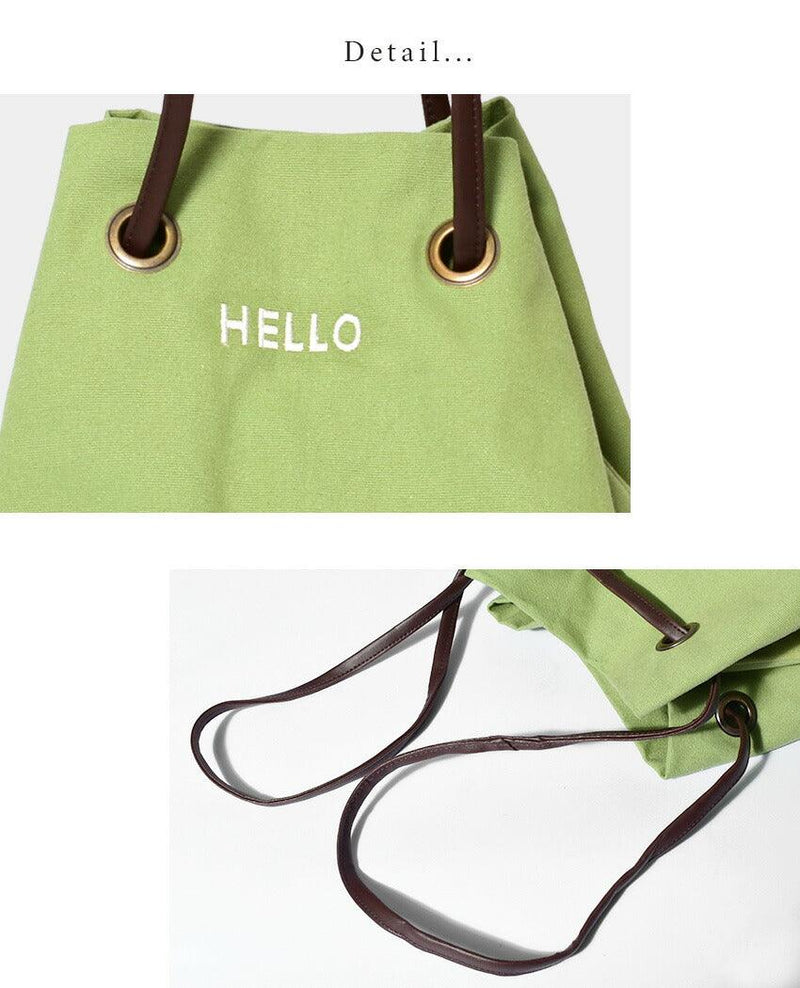 ロゴ刺繍入り巾着バッグ バッグ ホワイト 白 ブラウン 茶 カーキ グリーン 3カラー